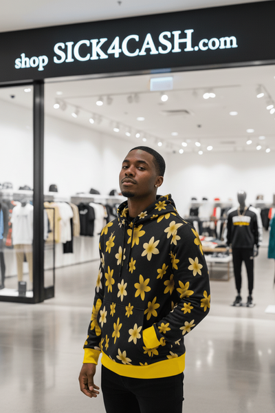 Black hoodie with yellow floral pattern on a white background