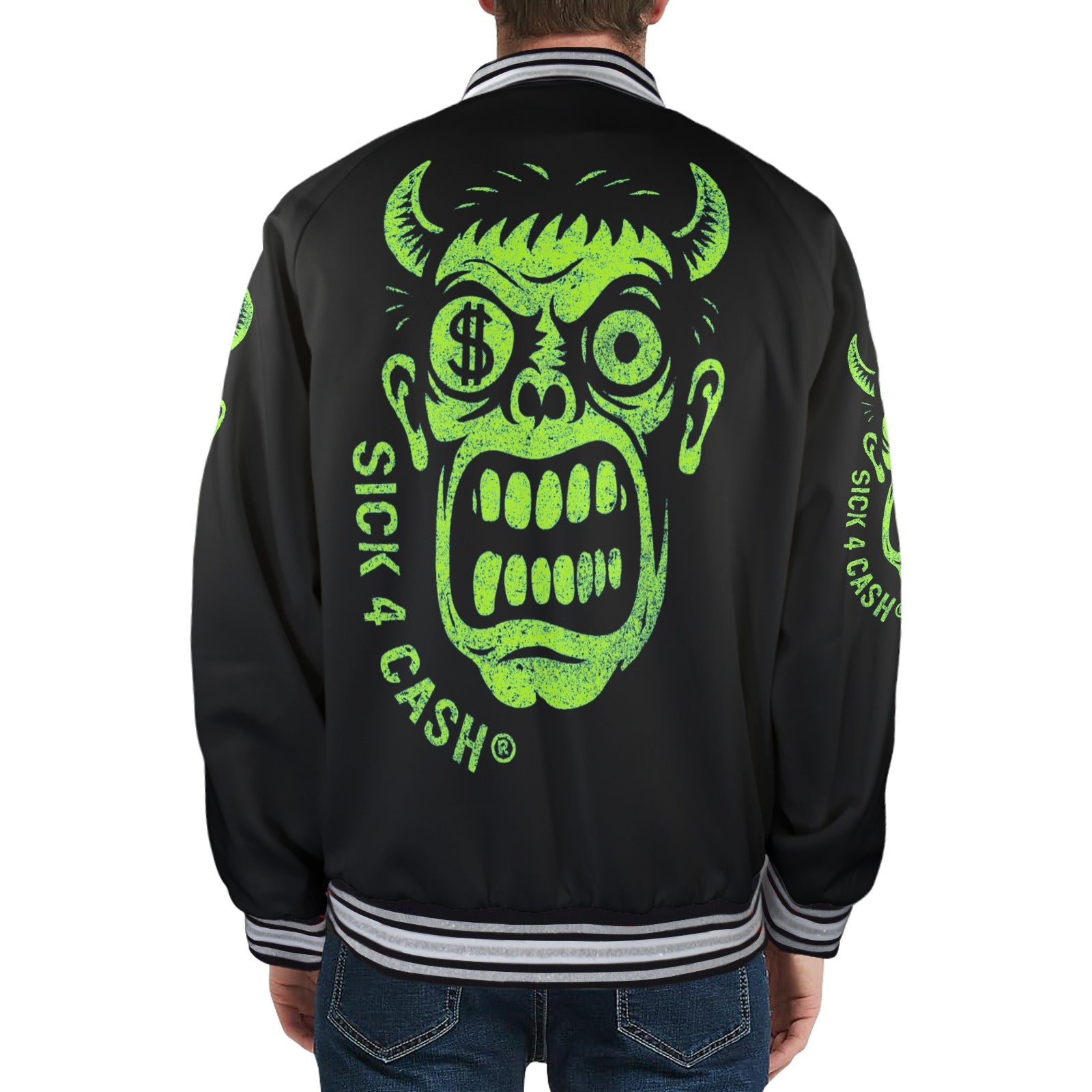 S4C CASH FACE™ Unisex Striped Trim Bomber Jacket – Halloween Edition