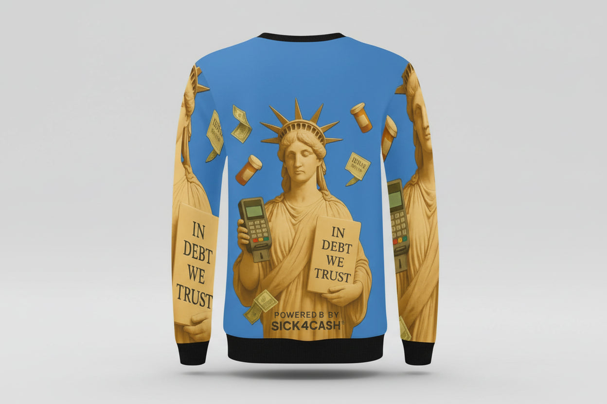 Sweatshirt with Statue of Liberty holding a cash register and money, on a blue background.