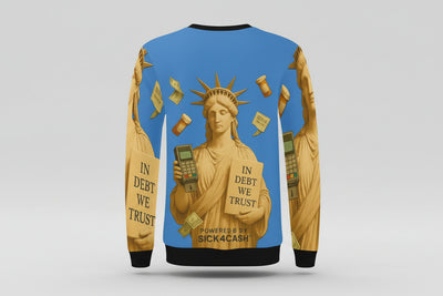 Sweatshirt with Statue of Liberty holding a cash register and money, on a blue background.