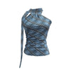 Ribbon top hanging neck plaid camisole vest for women