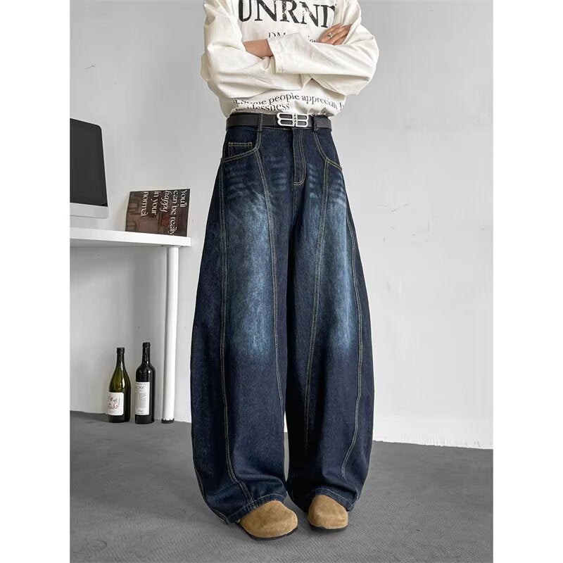 Men’s Deep Blue Washed Wide-Leg Jeans – Vintage Flow, Modern Swagger