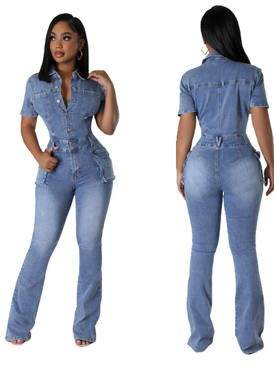 S4C European and American tight waist slim fit elastic stir fried flower washed denim jumpsuit jumpsuit flared pants