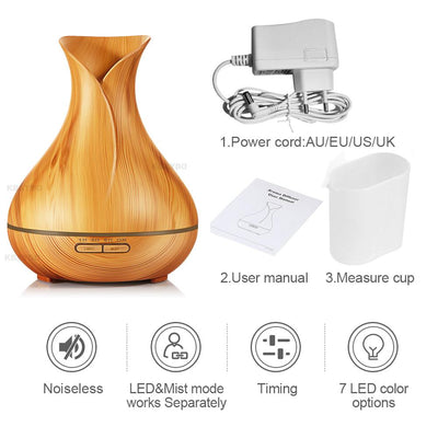S4C Aroma Essential Oil Diffuser Ultrasonic Air Humidifier with Wood Grain 7 Color Changing LED Lights for Office Home 400ml