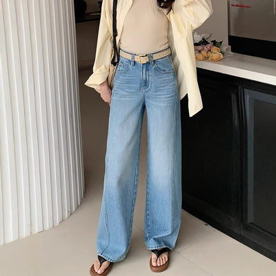 Tailored Denim Pants Women Design High Waist Loose Slimming Long Pants Vertical Feel Narrow Leg Wide-Leg Pants