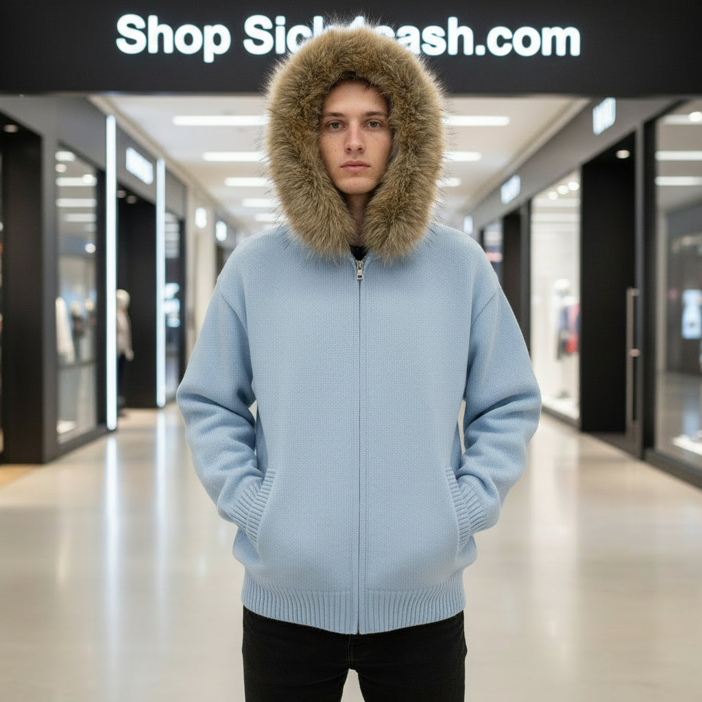 Person wearing a light blue hoodie with a fur-lined hood in a mall setting, with 'Shop Sickcash.com' sign above.