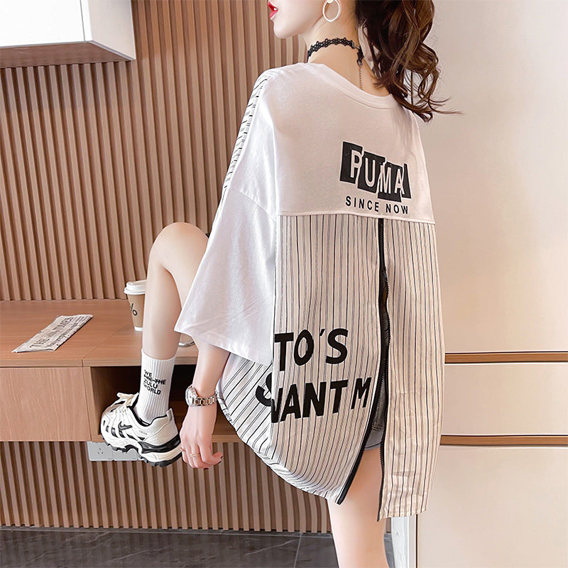 Women’s Zipper Stitch T-Shirt – Loose Fit Short Sleeve Streetwear Top