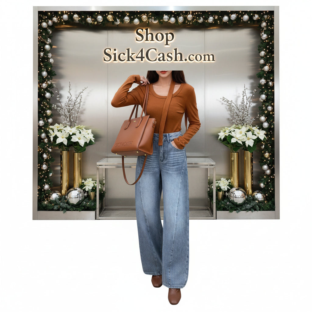 Person wearing a brown long-sleeve top and blue jeans, holding a woven bag on a white background