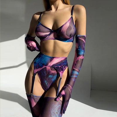 Lingerie Set with Gloves and Stockings - Mesh Printed Design
