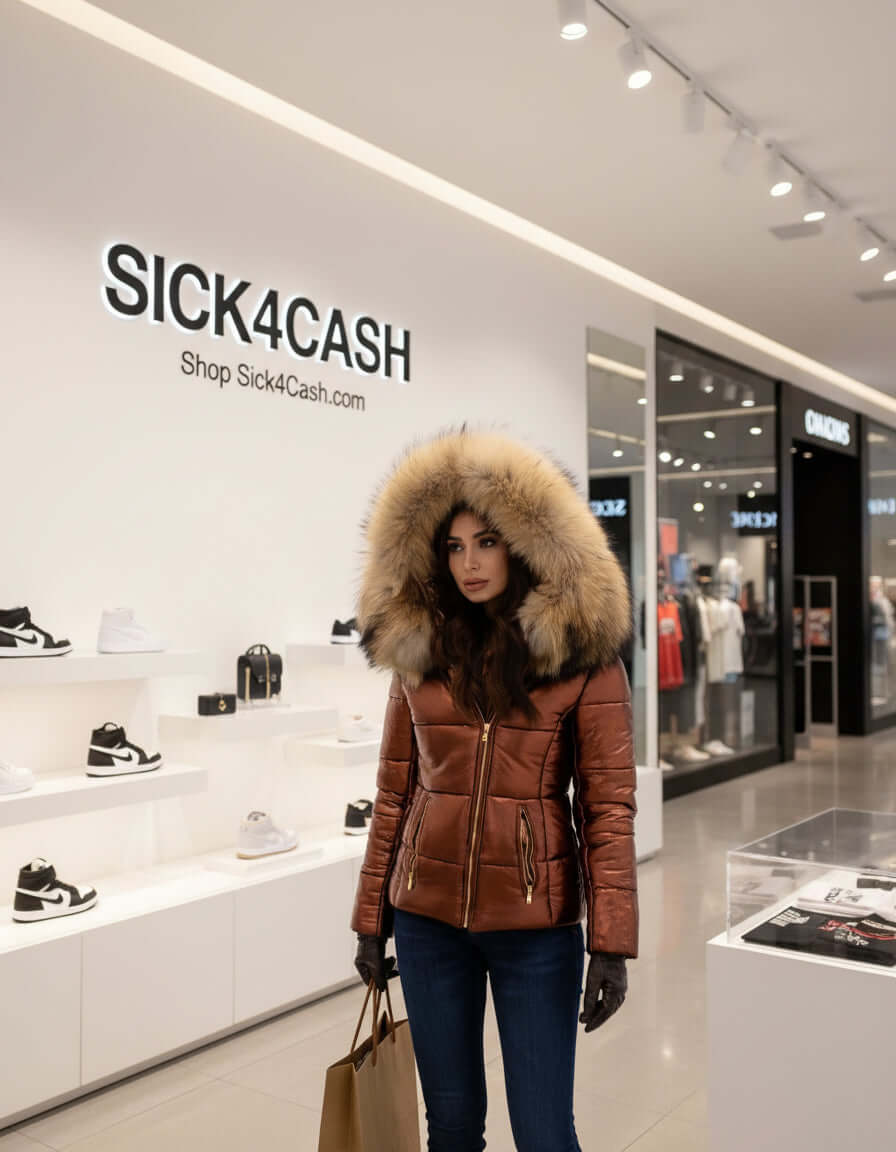 European and American cotton jacket with fur collar in retail environment.