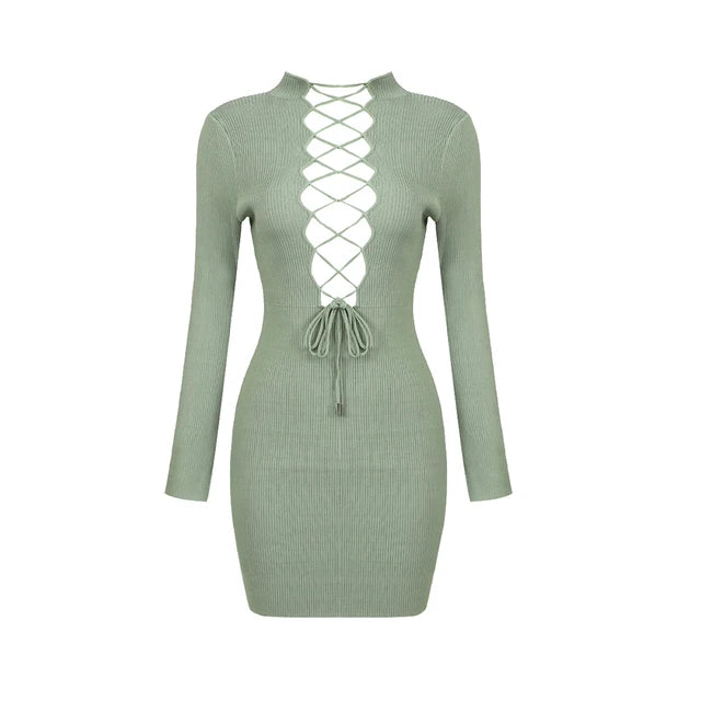 Women's Sexy Lace-Up Bodycon Bandage Dress – Green, Long Sleeve