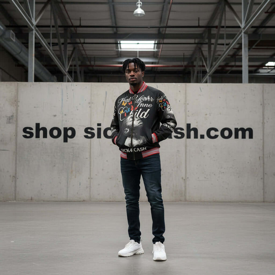 Man in a warehouse with stacks of gold bars and 'Sick4Cash.com' branding.