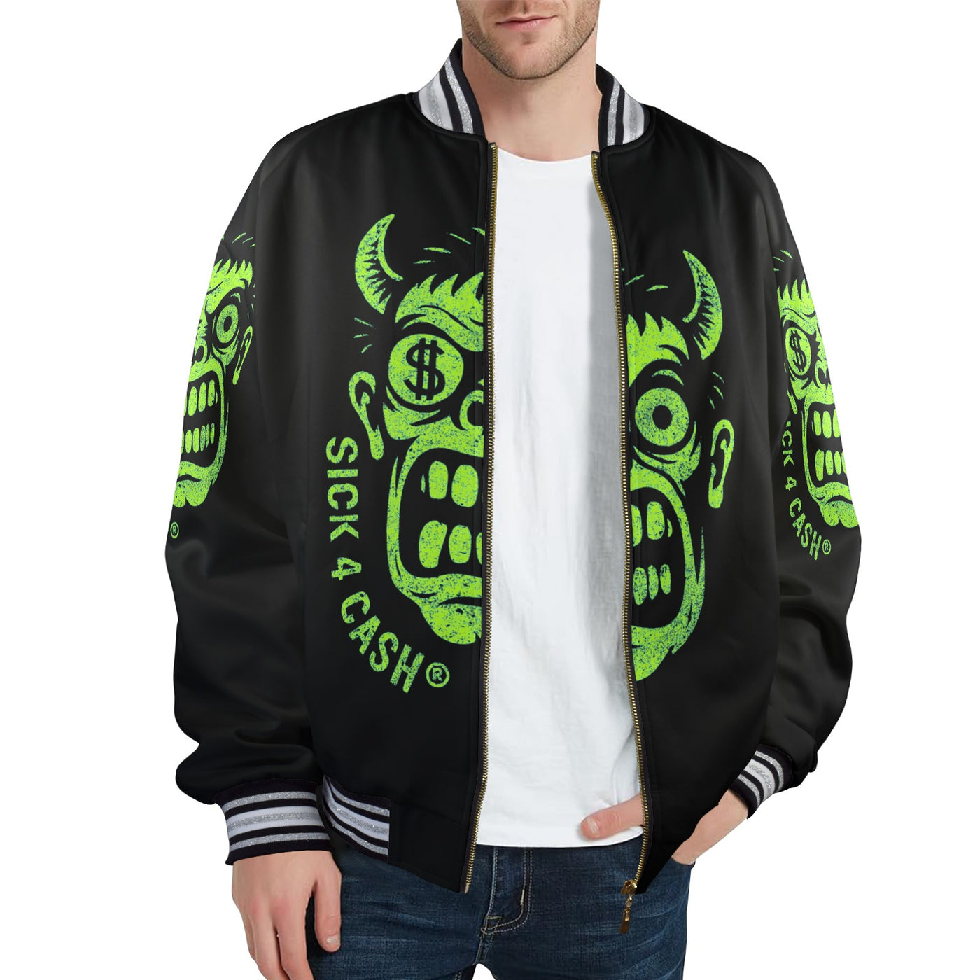 S4C CASH FACE™ Unisex Striped Trim Bomber Jacket – Halloween Edition