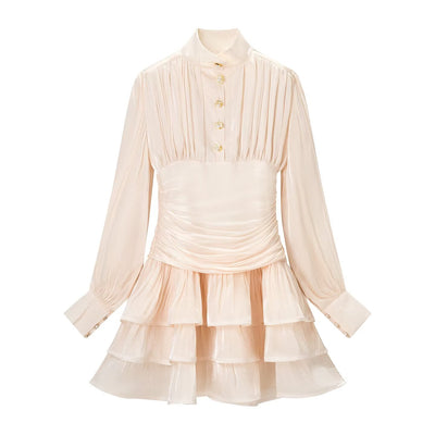 Elegant stand up collar lantern sleeve layered decorative dress