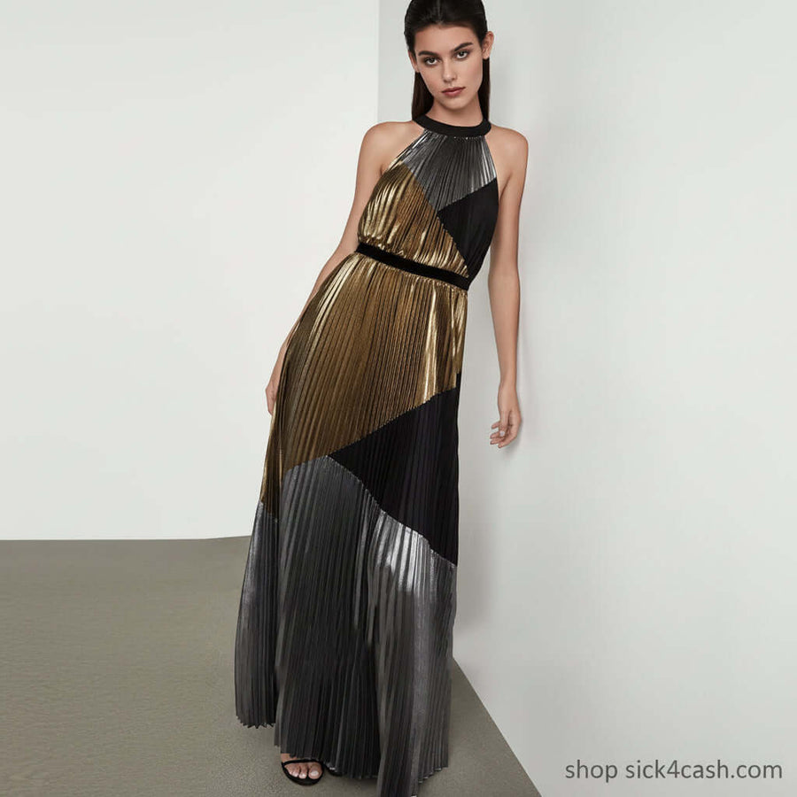 Pleated Halter Sleeveless Long Party Dress