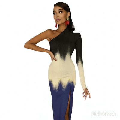 Stylish model wearing S4c Half Sleeve Slit Dress with a unique color gradient design and a side slit.