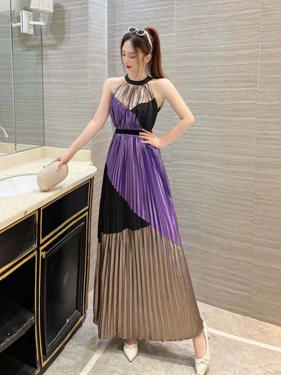 Pleated Halter Sleeveless Long Party Dress