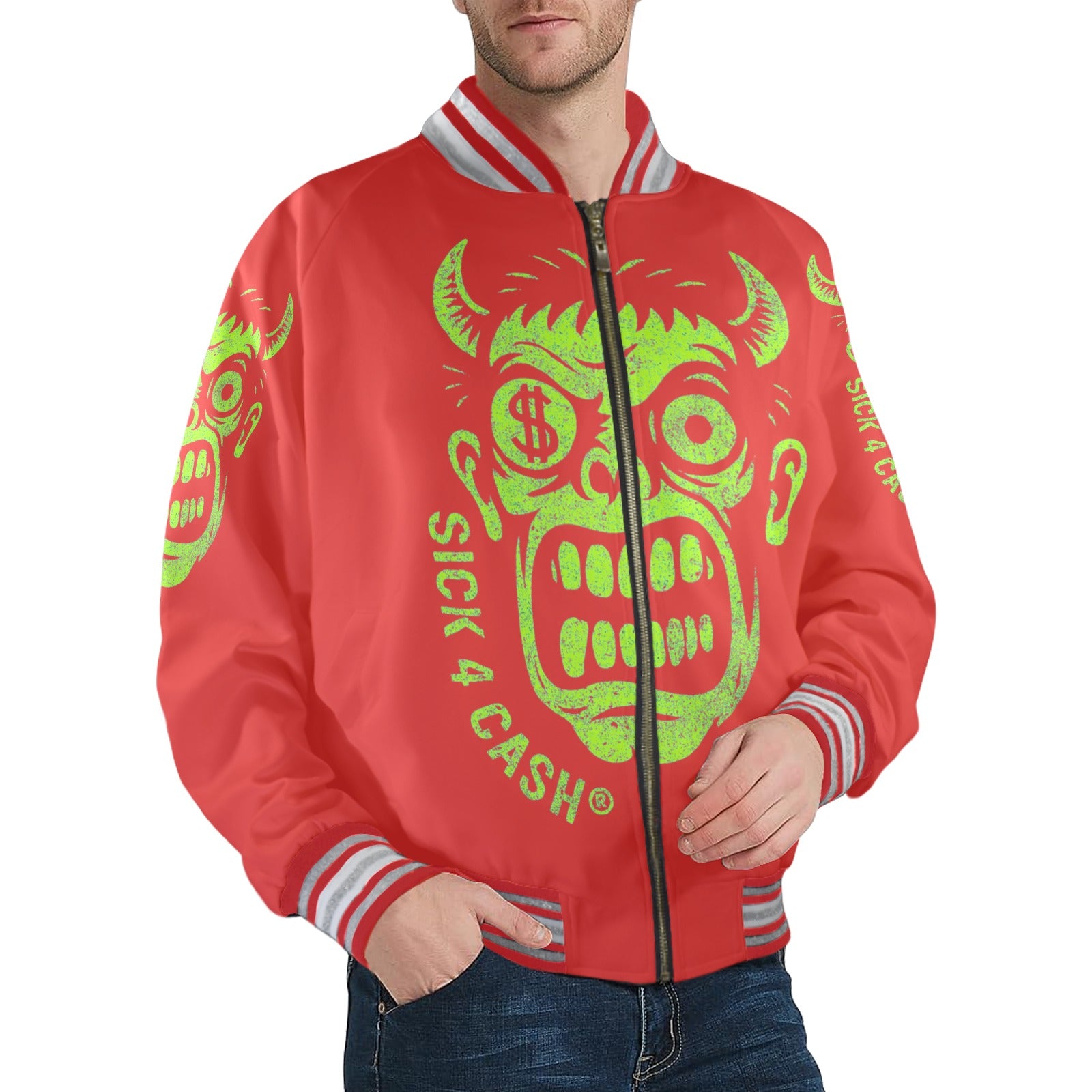S4C CASH FACE™ Unisex Striped Trim Bomber Jacket – Halloween Edition