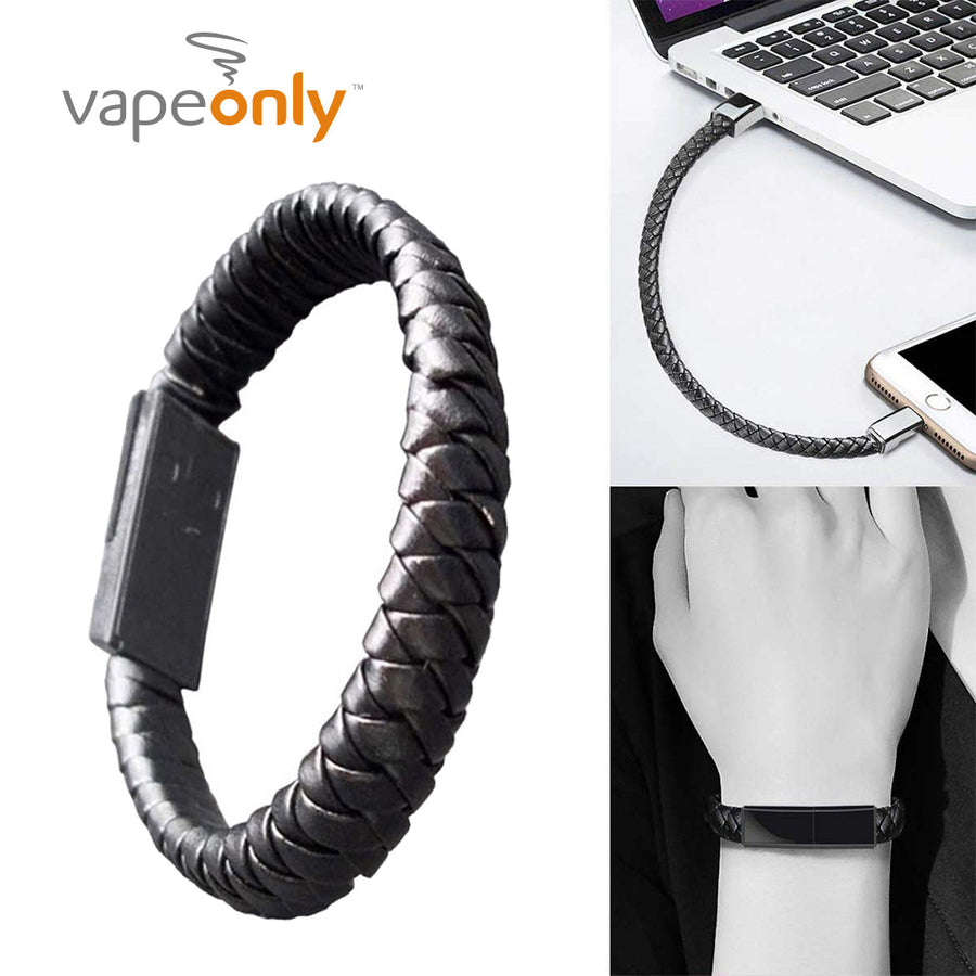 SICK4CASH Wearable Charging Bracelet - USB-C iPhone Android in black braided leather design connected to devices