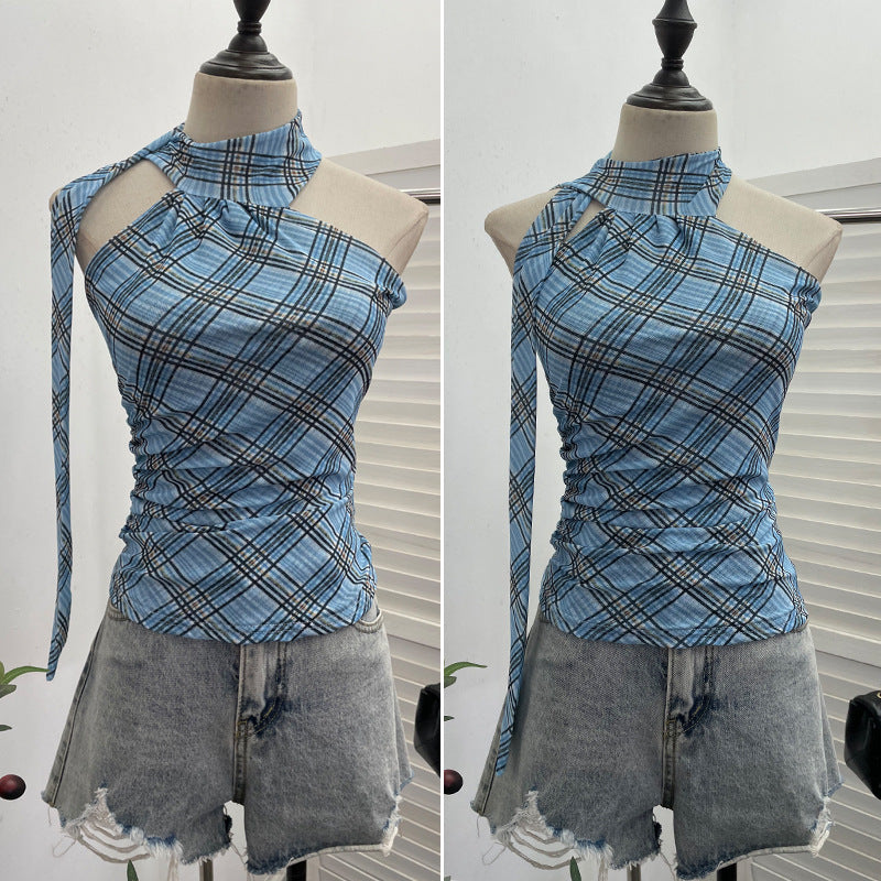 Plaid Ribbon Neck Camisole Vest – Hanging Strap Top for Women