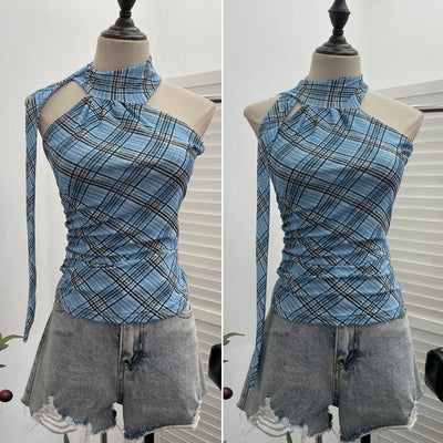 Ribbon top hanging neck plaid camisole vest for women