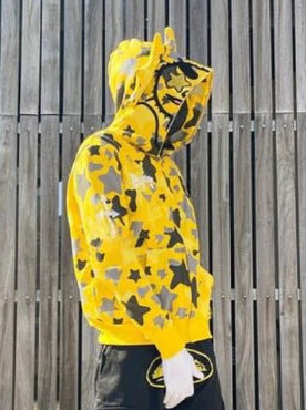 Teen Cartoon Camouflage Hoodie – Zipper Patchwork Cardigan with Bold Print & Hood