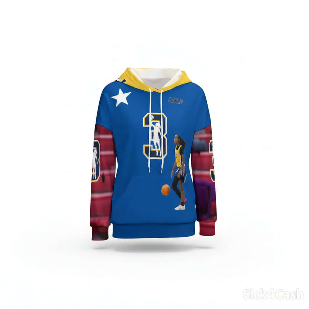 Jala McKnight Sleeve Hoodie – Adult | Powered by SICK4CASH® - vibrant blue hoodie with dropped shoulders and basketball design.