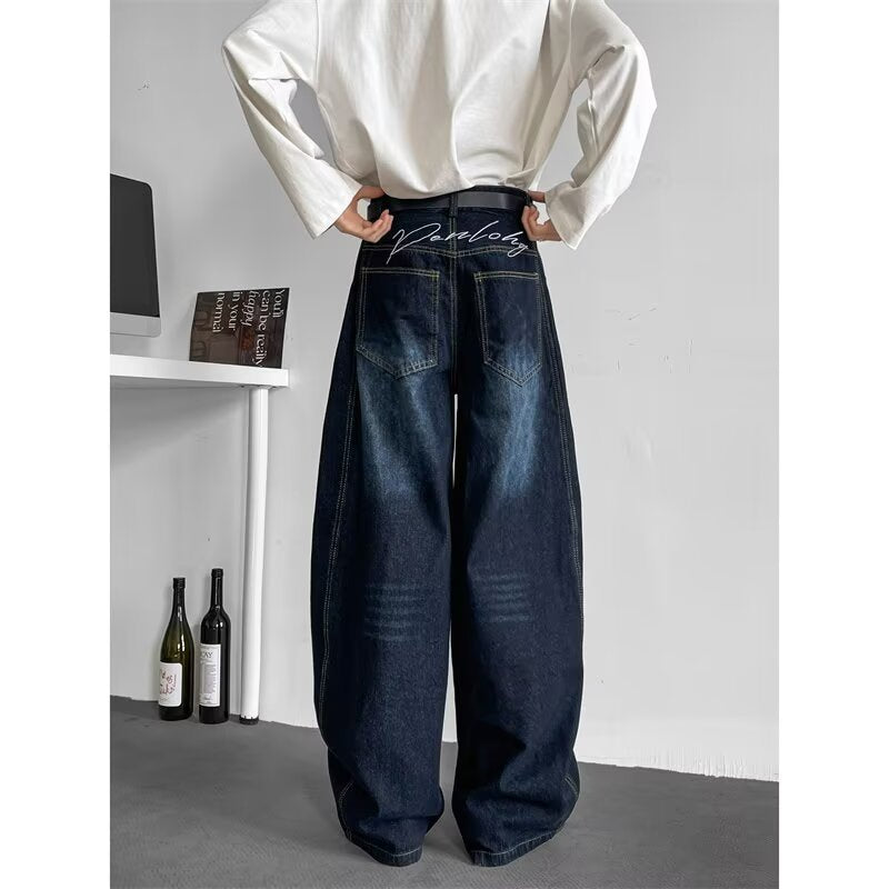 Men’s Deep Blue Washed Wide-Leg Jeans – Vintage Flow, Modern Swagger