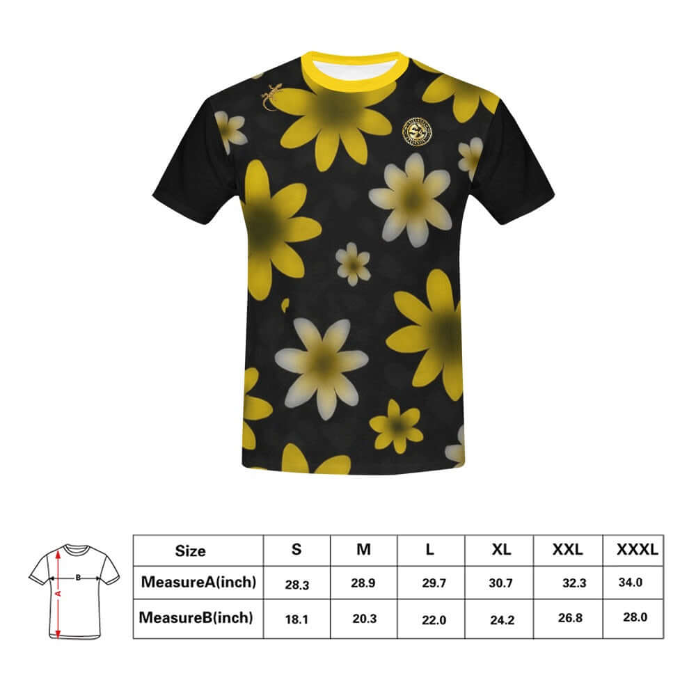 Black t-shirt with yellow floral pattern on a white background