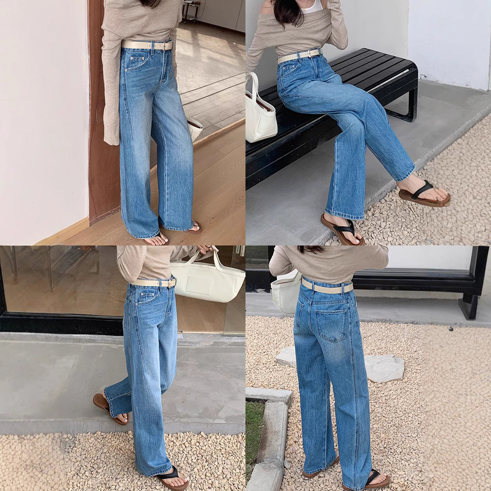 Korean Style Straight-Leg Jeans – High Waist Slimming Wide-Leg Denim for Pear-Shaped Women
