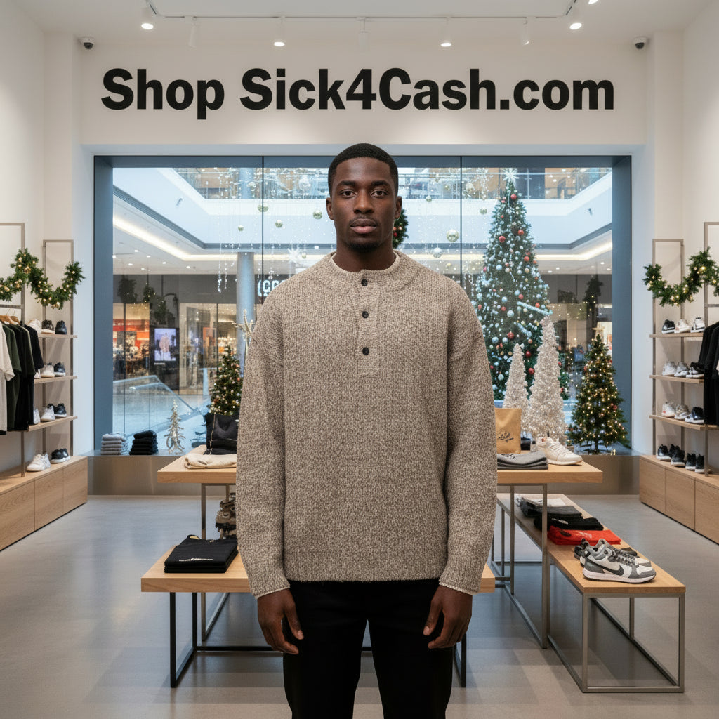 Man standing in a shopping mall with 'Shop Sick4Cash.com' sign above