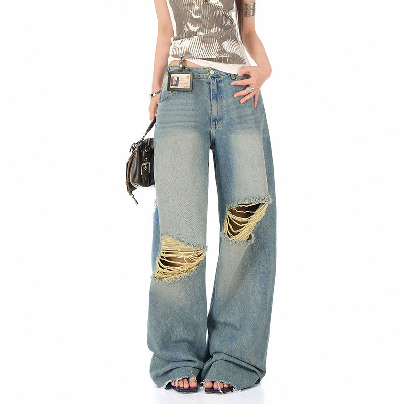 S4C Women’s Blue Distressed Straight Jeans – High Waist, Loose Wide Leg Streetwear Fit