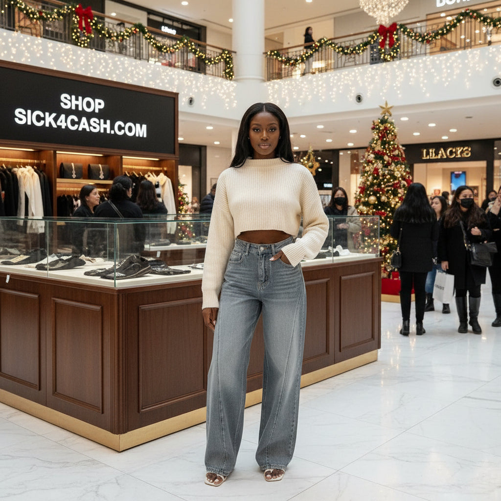 Woman standing in a shopping mall with a store sign and Christmas decorations in the background