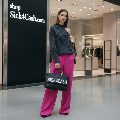 Woman holding a 'SICK4CASH' bag in front of a store with the same branding.