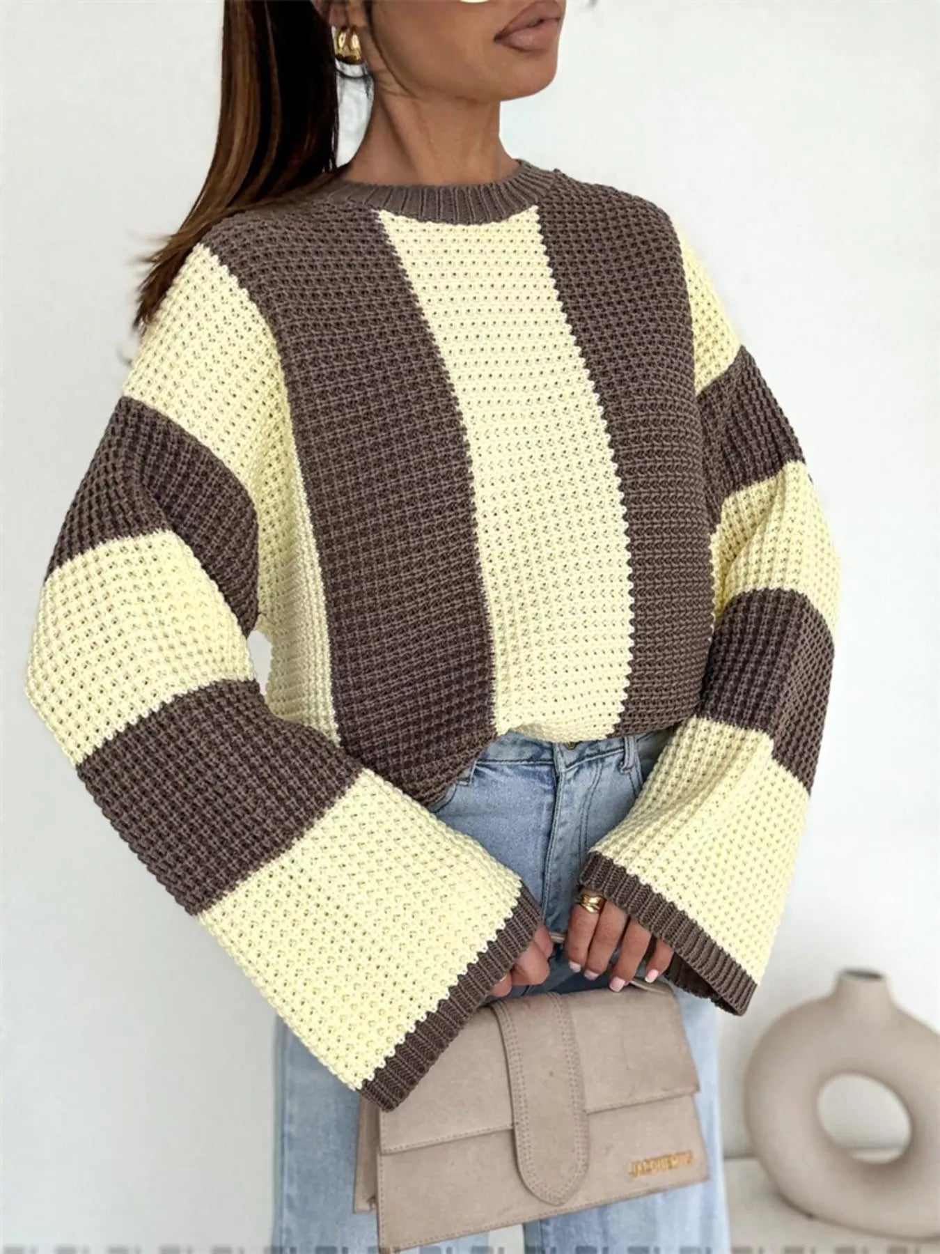 Color Block Long Sleeve Sweater – Bold Knitwear for Women’s Casual & Street Style