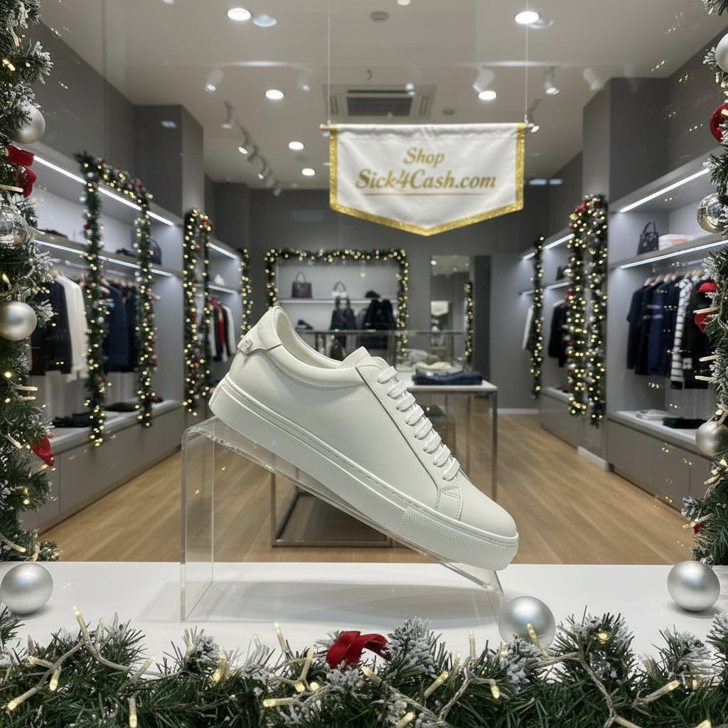 White sneaker on a black and white surface with a neutral background