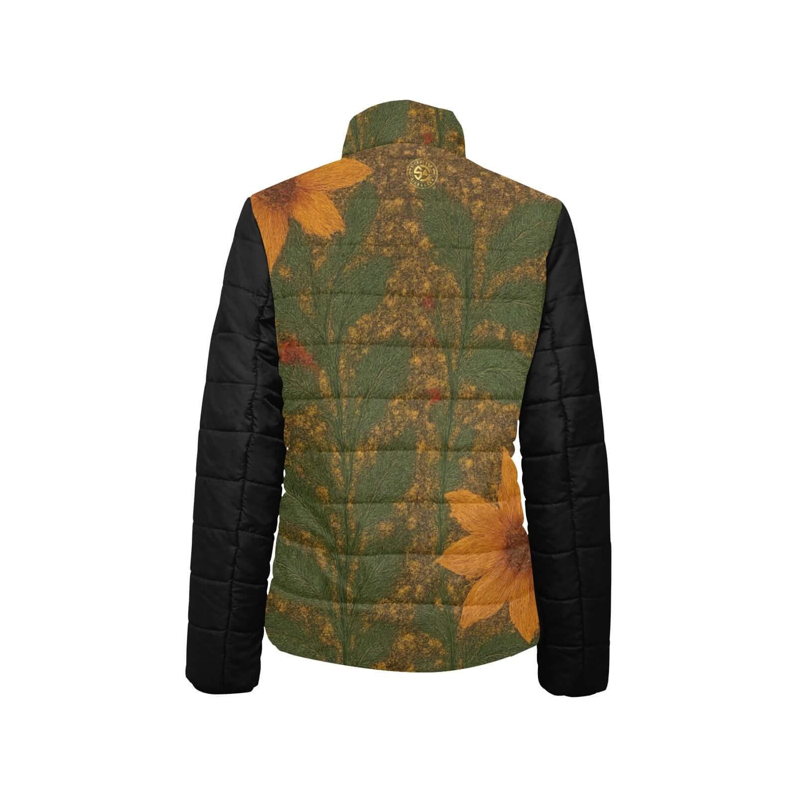 Floral-patterned puffer vest with black sleeves on a white background