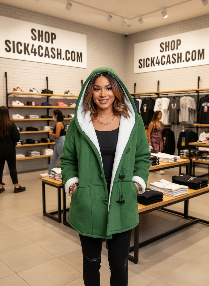 "Emerald green sherpa lined toggle coat with hood"