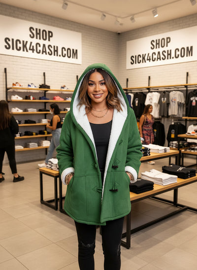 "Emerald green sherpa lined toggle coat with hood"