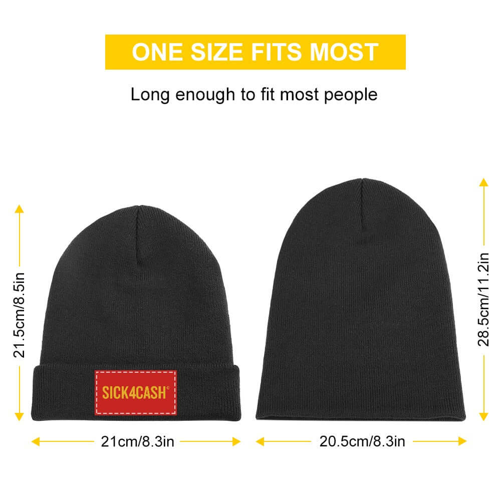 Black beanie with 'SICK4CASH' label and measurements on a white background
