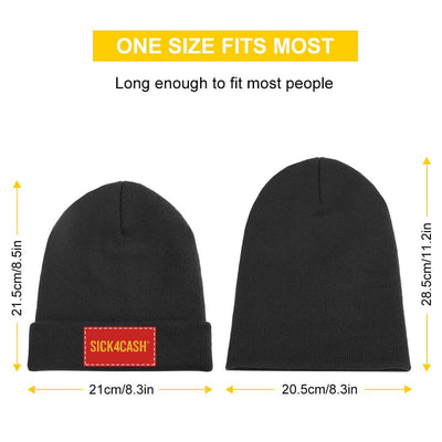 Black beanie with 'SICK4CASH' label and measurements on a white background
