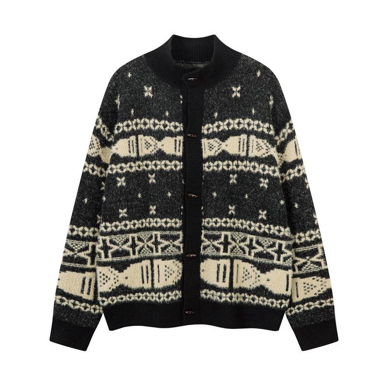 Horn Button Jacquard Knit Cardigan Sweeater