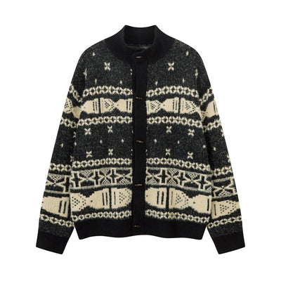 Horn Button Jacquard Knit Cardigan Sweeater