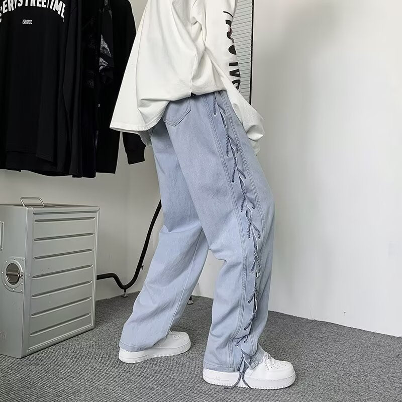 Strap Detail Wide-Leg Pants – Straight Tube Swagger, Slim Fit Flex