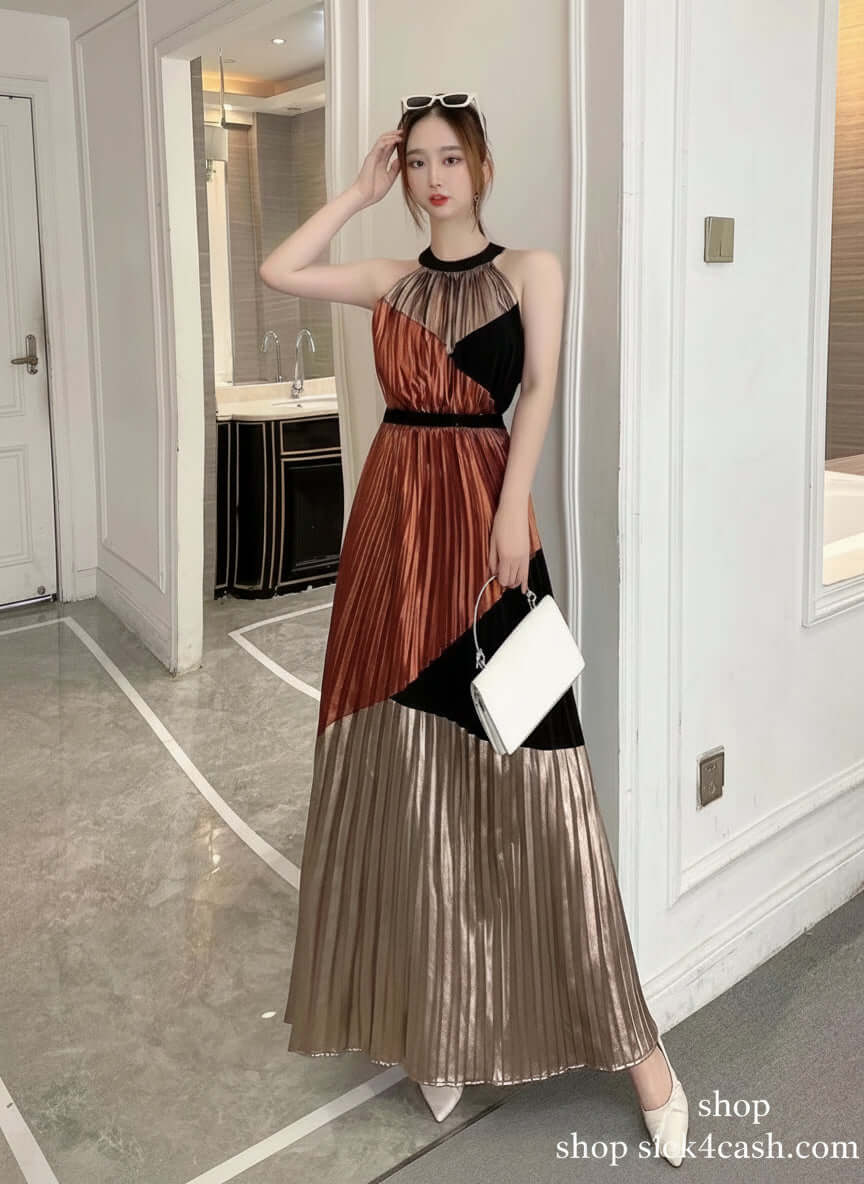 Pleated Halter Sleeveless Long Party Dress