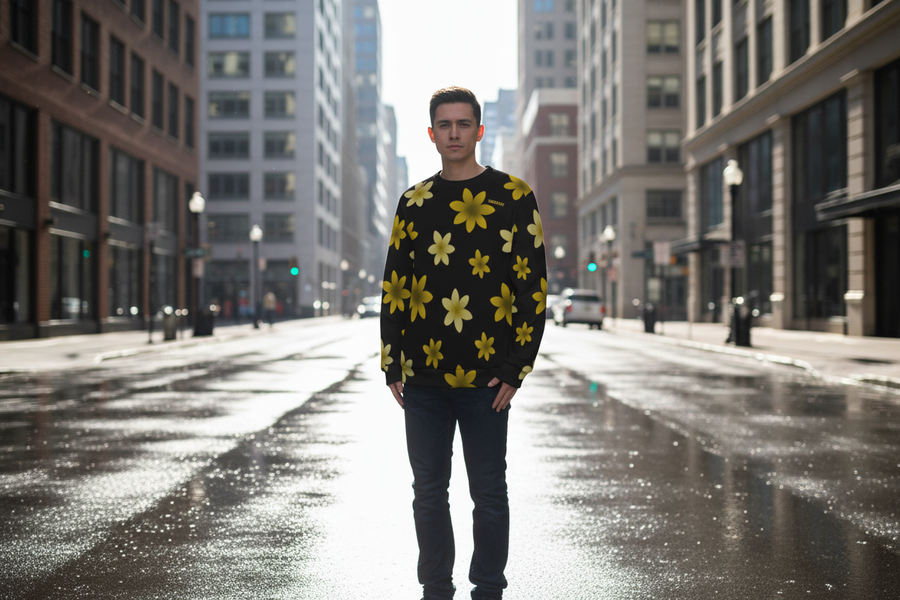 Men's Crew Neck Sweater featuring a black background with vibrant yellow floral patterns for a stylish look.