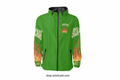 Green jacket with flame designs and text on a white background
