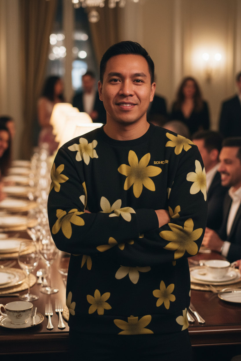 Men's Crew Neck Sweater featuring a black background with vibrant yellow floral patterns for a stylish look.