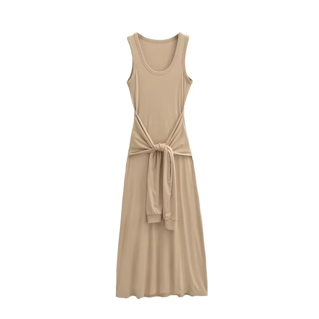 Women Cinched Waist Sleeveless Vest Dress – Layered Illusion, Sculpted Elegance