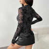 Spring  Style Sexy Transparent Round Neck Mesh Floral Flocking Base Layer Blouse for Women